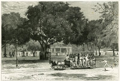 Tramway tiré par des chevaux, dans le port de Para (Brésil), sur le largo de Nazareth. Gravure par Vignal, pour illustrer l