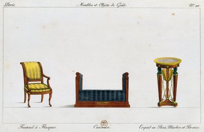 Fauteuil à oreilles, canapé et table tripode, planche 211, illustration de Collection de meubles et objets de goût - Pierre de La Mesangere
