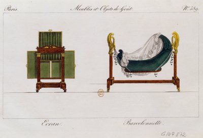 Paravent et berceau à bascule, planche 589, illustration de Collection de meubles et objets de goût - Pierre de La Mesangere
