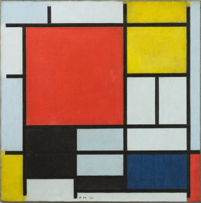Composition avec grand plan rouge, jaune, noir, gris et bleu - Piet Mondrian