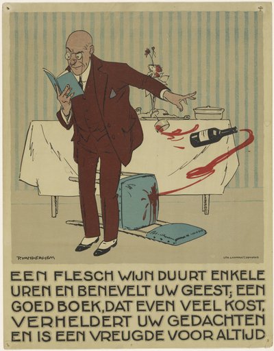 Homme lisant renversant accidentellement une bouteille et un verre de vin de la table - Piet van der Hem
