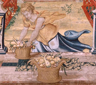 Série Vertumne et Pomone. Vertumne transformé en fermier. Partie centrale de la bordure inférieure, on voit un épisode sur les amours de Jupiter : Danaé. Deuxième tapisserie de la série. Modèle Cercle de Pieter Coecke van Aelst. Manufacture Wilhelm Pannema - Pieter (circle of) Coecke van Aelst