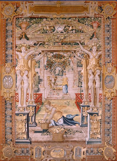 Tapisserie flamande. Série Vertumne et Pomone. Vertumne transformé en fermier. Deuxième tapisserie de la série. Modèle Cercle de Pieter Coecke van Aelst. Manufacture Wilhelm Pannemaker, Bruxelles. - Pieter (circle of) Coecke van Aelst