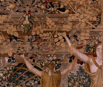 Tapisserie Flamande. Série Vertumne et Pomone. Vertumne transformé en fermier. Deuxième tapisserie de la série. Partie droite la transformation de la nymphe Myrrha. Modèle Cercle de Pieter Coecke van Aelst. Manufacture Wilhelm Pannemaker, Bruxelles. Vers 1 - Pieter (circle of) Coecke van Aelst