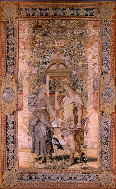 Tapisserie flamande. Série Vertumne et Pomone. Vertumne transformé en guerrier. Quatrième tapisserie de la série. Modèle Cercle de Pieter Coecke van Aelst. Manufacture Wilhelm Pannemaker, Bruxelles. Vers 1545-1550. Tissu Or, argent, soie et laine. - Pieter (circle of) Coecke van Aelst