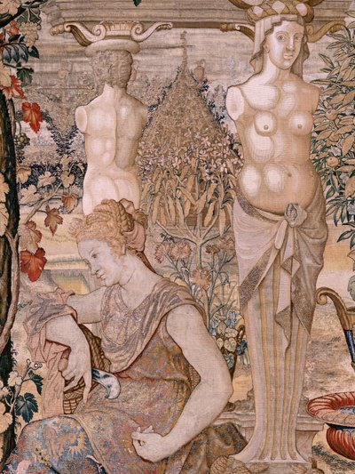 Série Vertumne et Pomone. Vertumne transformé en vieille femme. Sixième tapisserie de la série. Modèle Cercle de Pieter Coecke van Aelst. Manufacture Wilhelm Pannemaker, Bruxelles. Vers 1545-1550 - Pieter (circle of) Coecke van Aelst