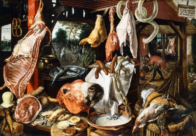Étal de boucher avec la Sainte Famille en fuite vers l