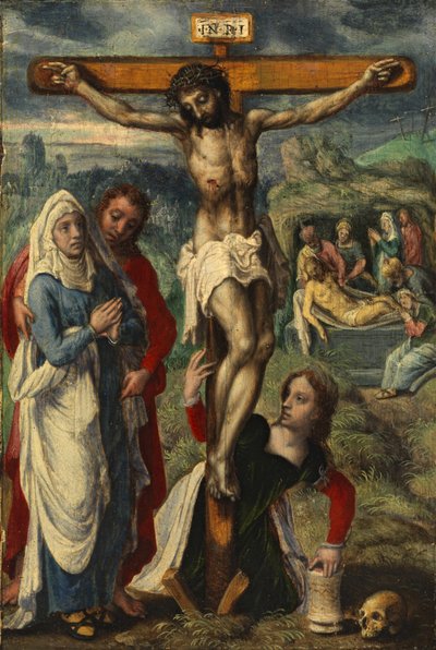 Christ en croix, avec la mise au tombeau en arrière-plan, c.1530 - Pieter Aertsen