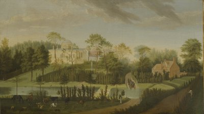 Vue de la terrasse regardant à travers le canal vers le côté de la villa, Chiswick Villa - Pieter Andreas Rysbrack