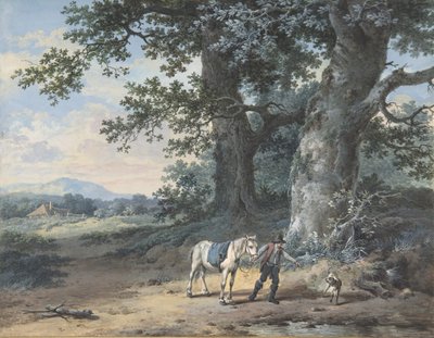 Un paysan menant son cheval à la lisière d