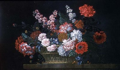 Nature morte de œillets, giroflées, pivoines, liserons et autres fleurs dans un panier reposant sur un rebord de pierre - Pieter Casteels