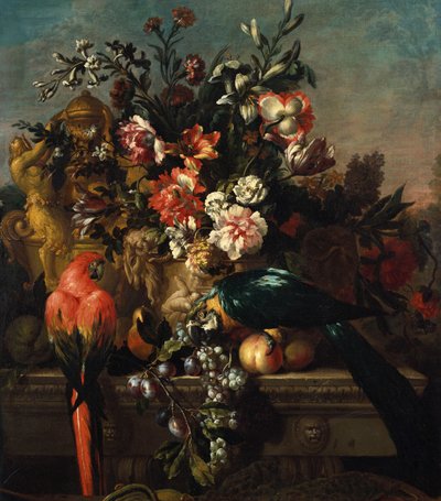 Œillets et autres fleurs avec des perroquets sur un piédestal - Pieter Casteels