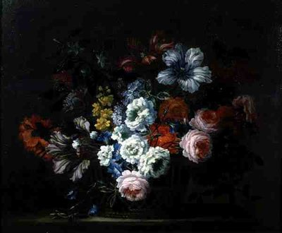 Nature morte de roses, pivoines, tulipes et gloire du matin dans un panier - Pieter Casteels