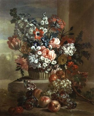 Nature morte avec panier de fleurs et de fruits (paire de 81024) - Pieter Casteels