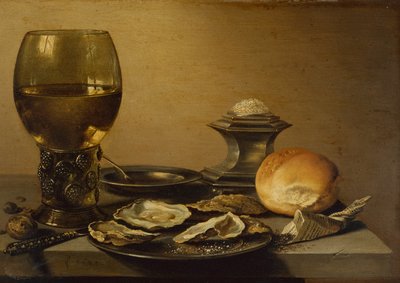 Nature morte de petit-déjeuner avec huîtres, pain salé et noix - Pieter Claesz