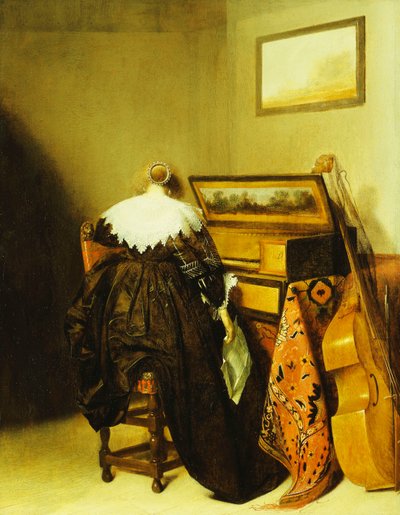 Une dame assise vue de dos devant un virginal - Pieter Codde