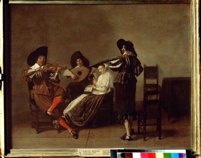 Soirée musicale. Trois musiciens et une jeune femme (au chant) - Pieter Codde