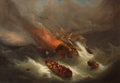 Destruction totale du navire marchand Kent par le feu (huile sur toile) - Pieter Cornelis Dommerson