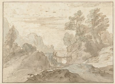 Paysage montagneux avec deux figures sur un pont étroit - Pieter Dircksz van Santvoort (possibly)