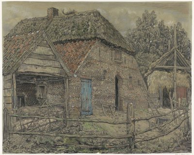 Grande grange paysanne avec un enclos à cochons devant - Pieter Dupont