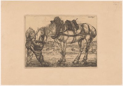 Homme nourrissant un cheval avec un seau - Pieter Dupont