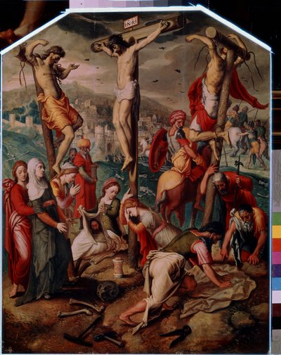 Calvaire. Sur le Golgotha, Jésus-Christ crucifié avec les deux autres condamnés à mort. Il porte la pancarte INRI sur la croix. Au pied, Sainte Marie Madeleine pleure la mort de Jésus, son flacon est renversé sur le sol. Sainte Véronique - Pieter I Pietersz