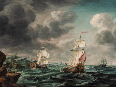 Un vaisseau de guerre hollandais et des navires marchands au large d