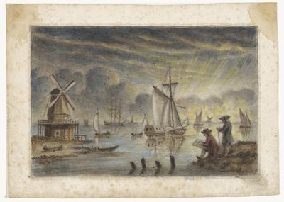 Vue côtière avec bateaux, moulin et un dessinateur - Pieter Louw (attributed to)
