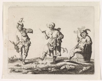 Paysans dansant et un homme sur un tonneau - Pieter Nolpe