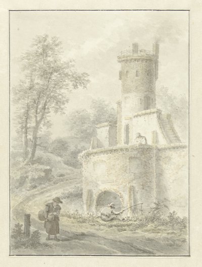 Paysage avec pêcheur et femme marchant près d