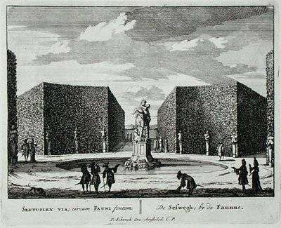 Haie hexagonale par une fontaine de faune, de 