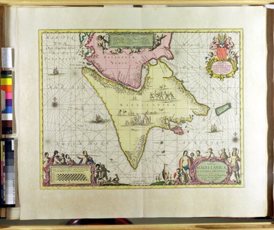 Tabula Magellanica, Quatierrae del Fuego, planche 18 de Le Nouveau et Grand Illuminant Flambeau de la Mer par Claes Jansz. Vooght, publié à Amsterdam, 1683 (gravure colorée à la main) - Pieter Schenk