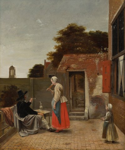 Un homme fumant et une femme buvant dans une cour, vers 1658-60 - Pieter de Hooch