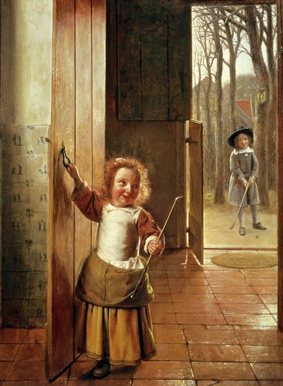 Enfants dans une porte avec des bâtons de 