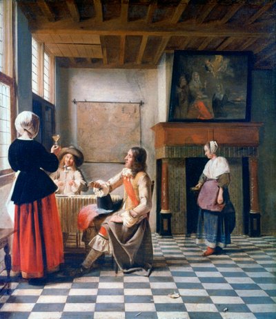 Intérieur, Femme buvant avec deux hommes et une servante, vers 1658 - Pieter de Hooch