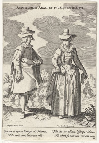 Couple vêtu à la mode anglaise, vers 1610 (Adolescentis Angli et Ivvenclvae Habitvs) (Costumes de différents pays) (Variarum Gentium Ornatus) - Pieter de Jode (I)