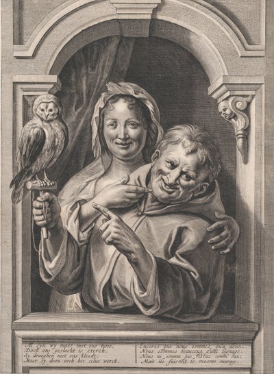 Un fou avec une chouette et une femme à une fenêtre, 17e siècle - Pieter de Jode II