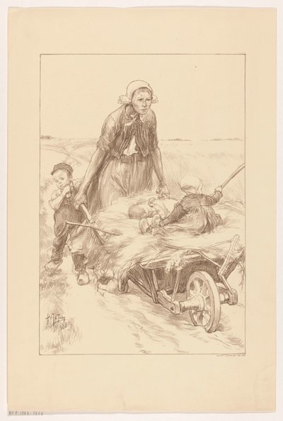 Paysanne poussant une brouette de foin avec deux enfants - Pieter de Josselin
