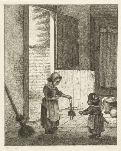 Deux filles jouant avec une poupée - Pieter de Mare