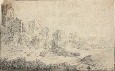 Paysage avec château en ruine et trois figures - Pieter de Molijn