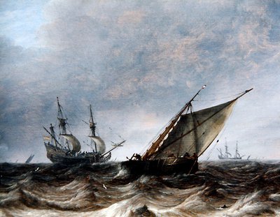 Un smalschip et un vaisseau de guerre dans une mer agitée - Pieter the Elder Mulier