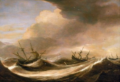 Navires en haute mer fuyant la tempête, voiles réduites, secoués par les fortes vagues - Pieter the Elder Mulier