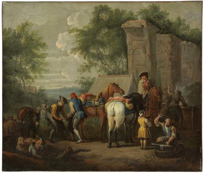 Un forgeron militaire ferrant des chevaux près d