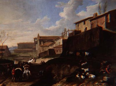 Vue capricieuse avec églises, cottages et voyageurs - Pieter van Bloemen