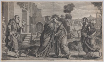 Visitation, Sainte Élisabeth embrassant la Vierge au centre alors que Saint Joseph marche..., vers 1656-60 - Pieter van Lisebetten