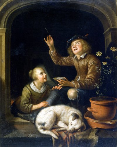 La bulle de savon. Peinture de Pieter Corneliszoon van Slingelandt (1625 - 1691). Milan Museo del Castello. - Pieter van Slingelandt