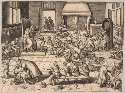 La salle de classe. Singes enseignés et fouettés dans une salle de classe - Pieter van der Borcht