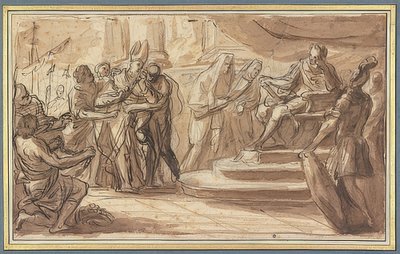 Un évêque est amené enchaîné devant un empereur romain - Pietro Bianchi