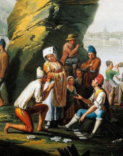Scène de la vie quotidienne dans la grotte de Posillipo, hommes jouant aux cartes, par Pietro Fabris, détail - Pietro Fabris
