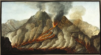 Le Vésuve en éruption. Cette gouache a été réalisée par Pierre Fabris, à la demande de Sir William Hamilton, ambassadeur anglais à Naples. Bibl. Braidense, Milan. - Pietro Fabris